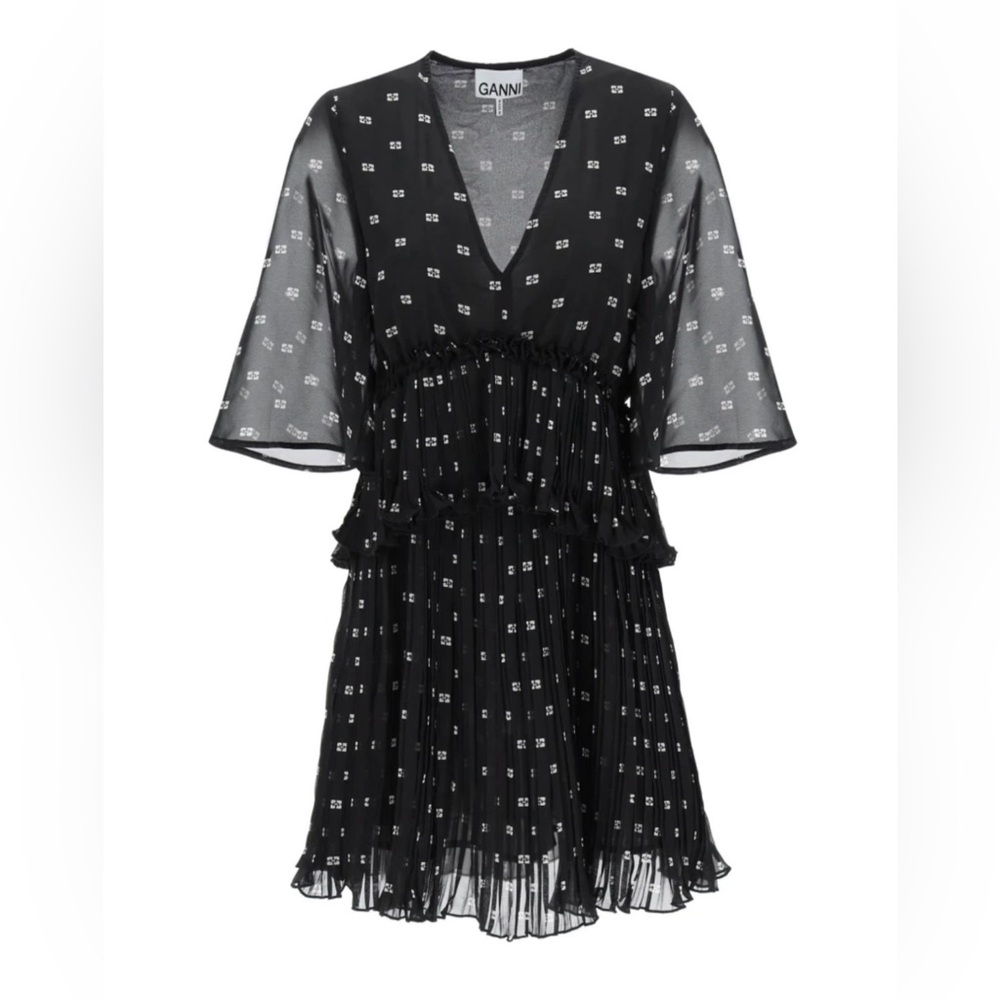 GANNI Women’s Butterfly-Printed Logo V-Neck Pleated Mini Dress
